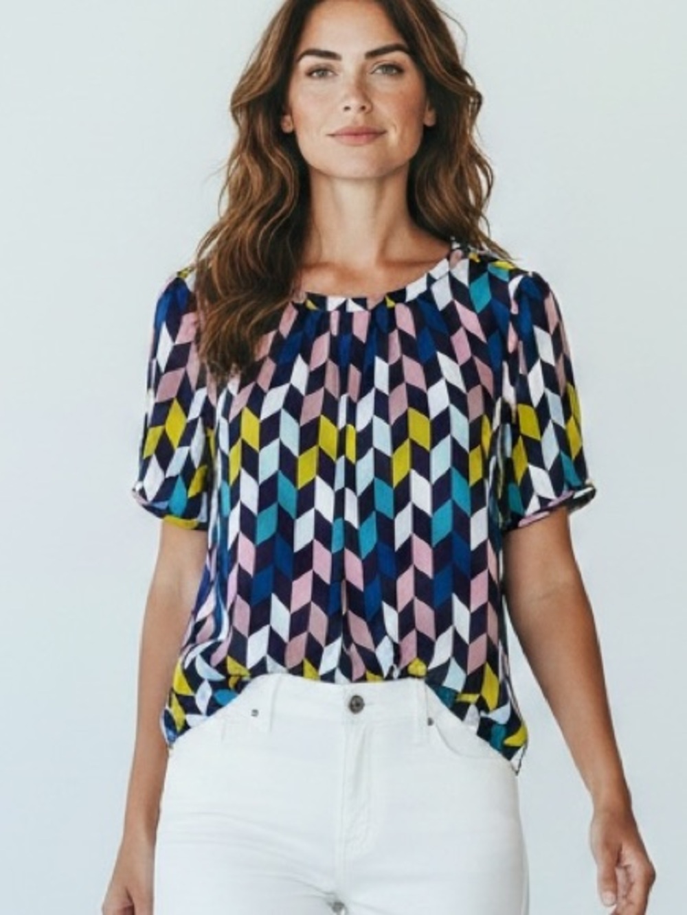 BODEN Tie Bow Back Geometric Short Sleeve Print Blouse Relaxed Fit Top Size 10